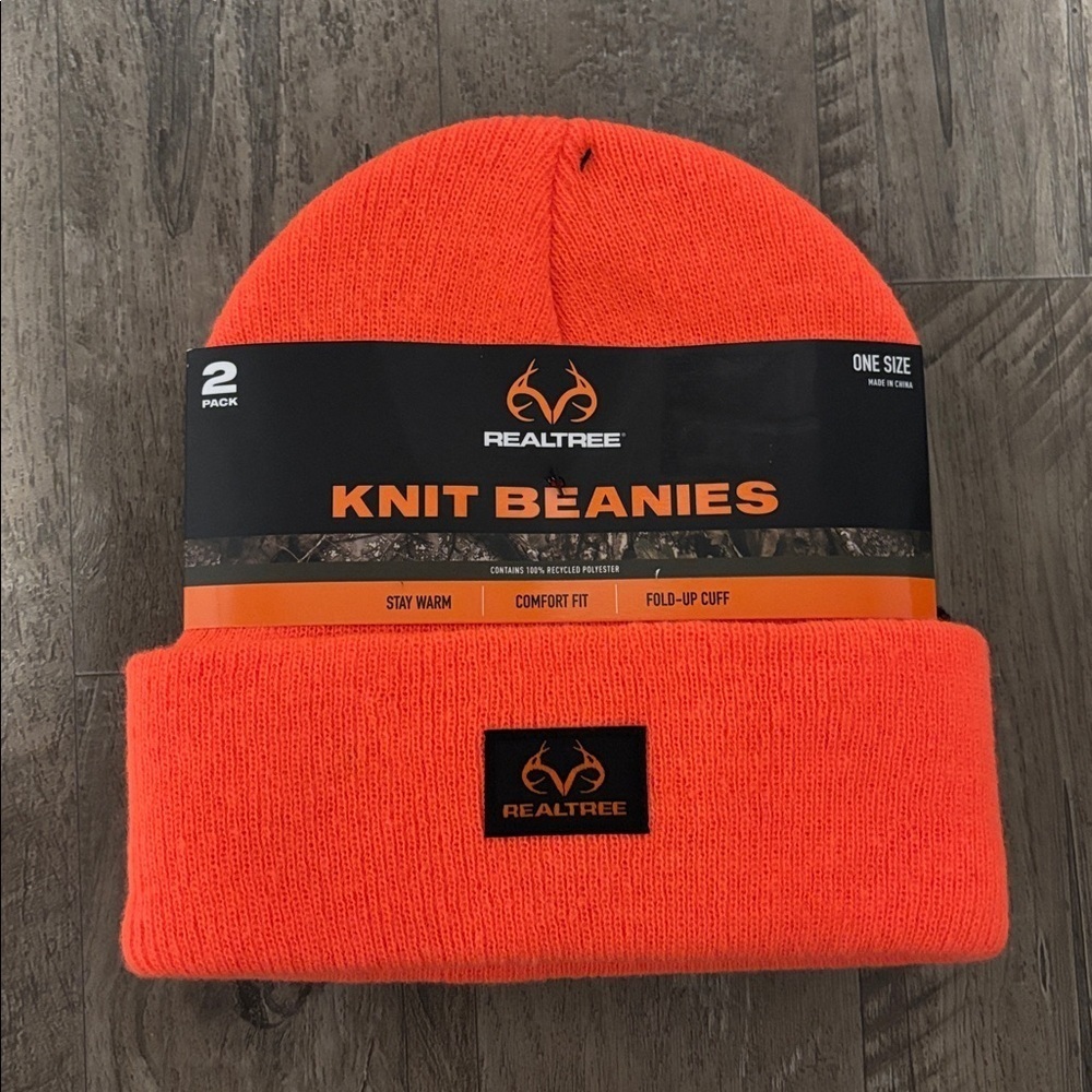 Realtree 2 pack knit cuffed beanies,warm comfort fit,patch logo,orange & black